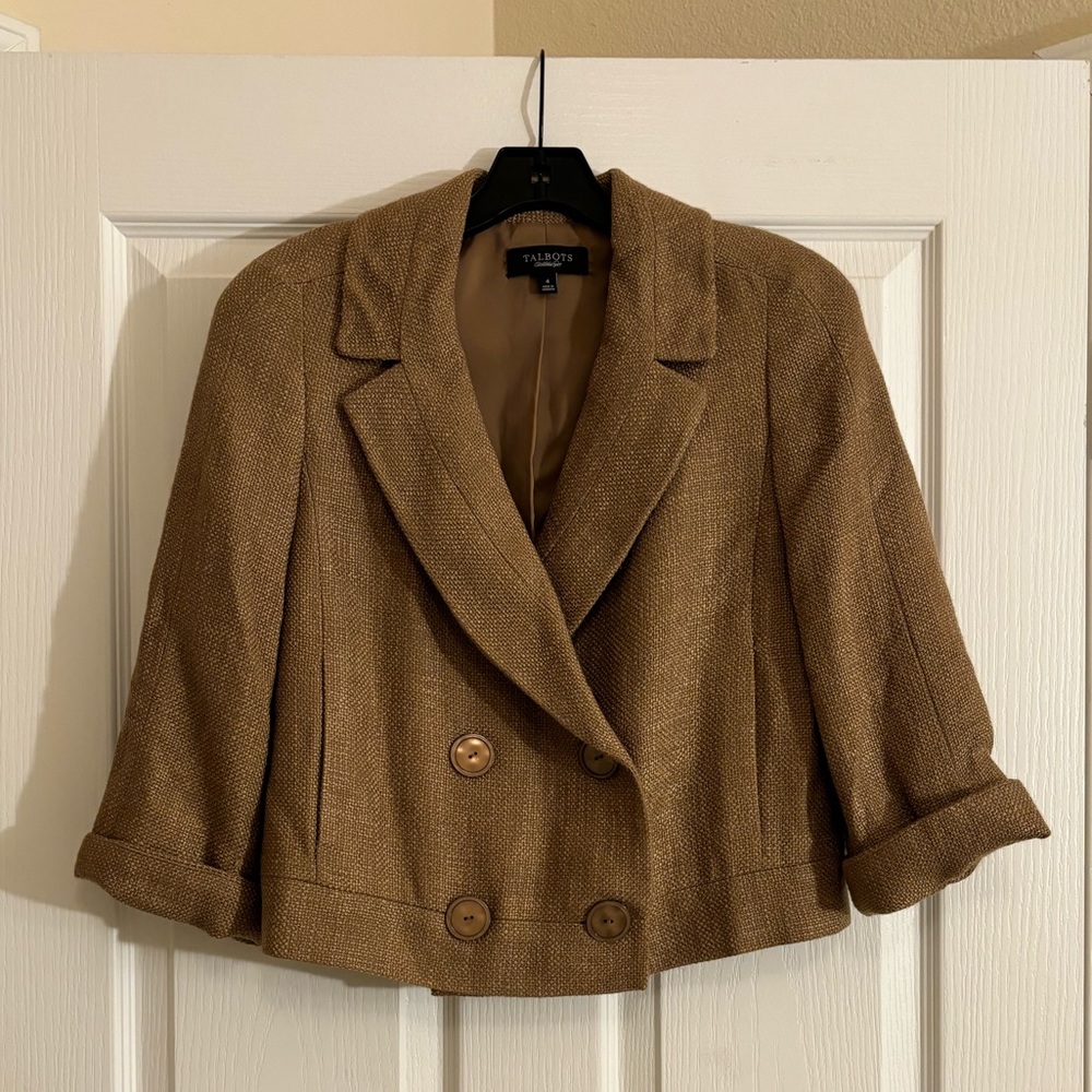 TALBOTS Cropped Tan Tweed Like Blazer with Buttons - Picture 2 of 9